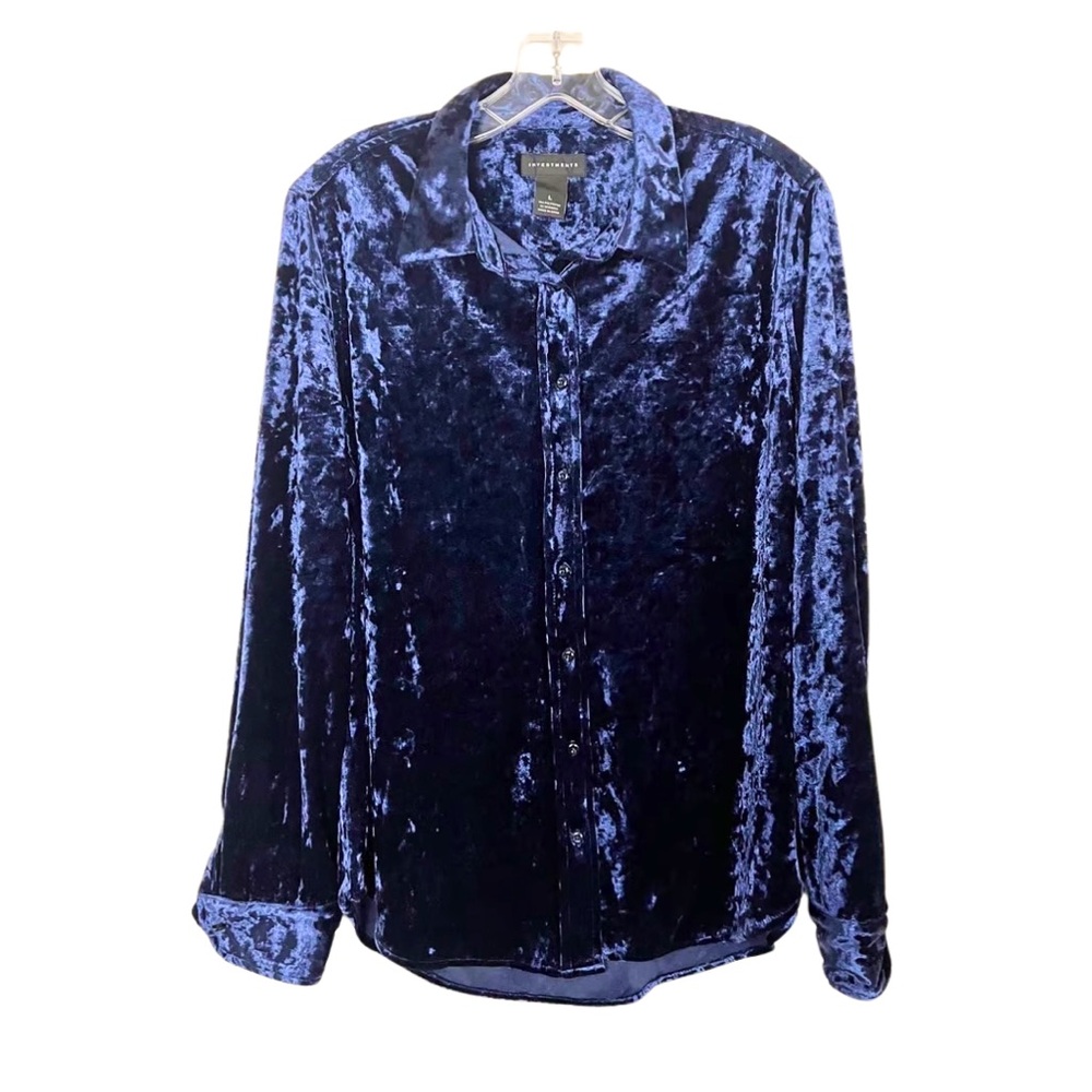 Vintage Investments Navy Blue Crushed Velvet Button Down — Large